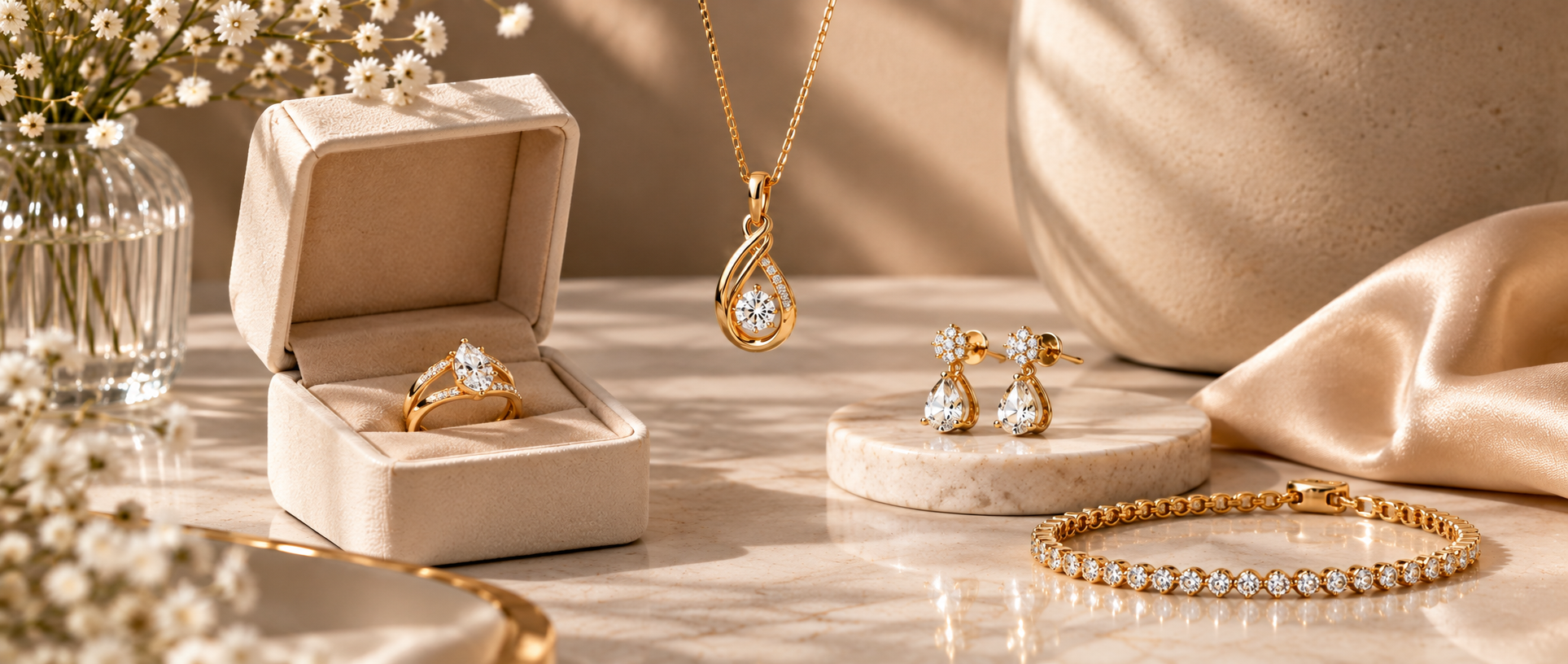 Écrin de bijoux dorés et diamants